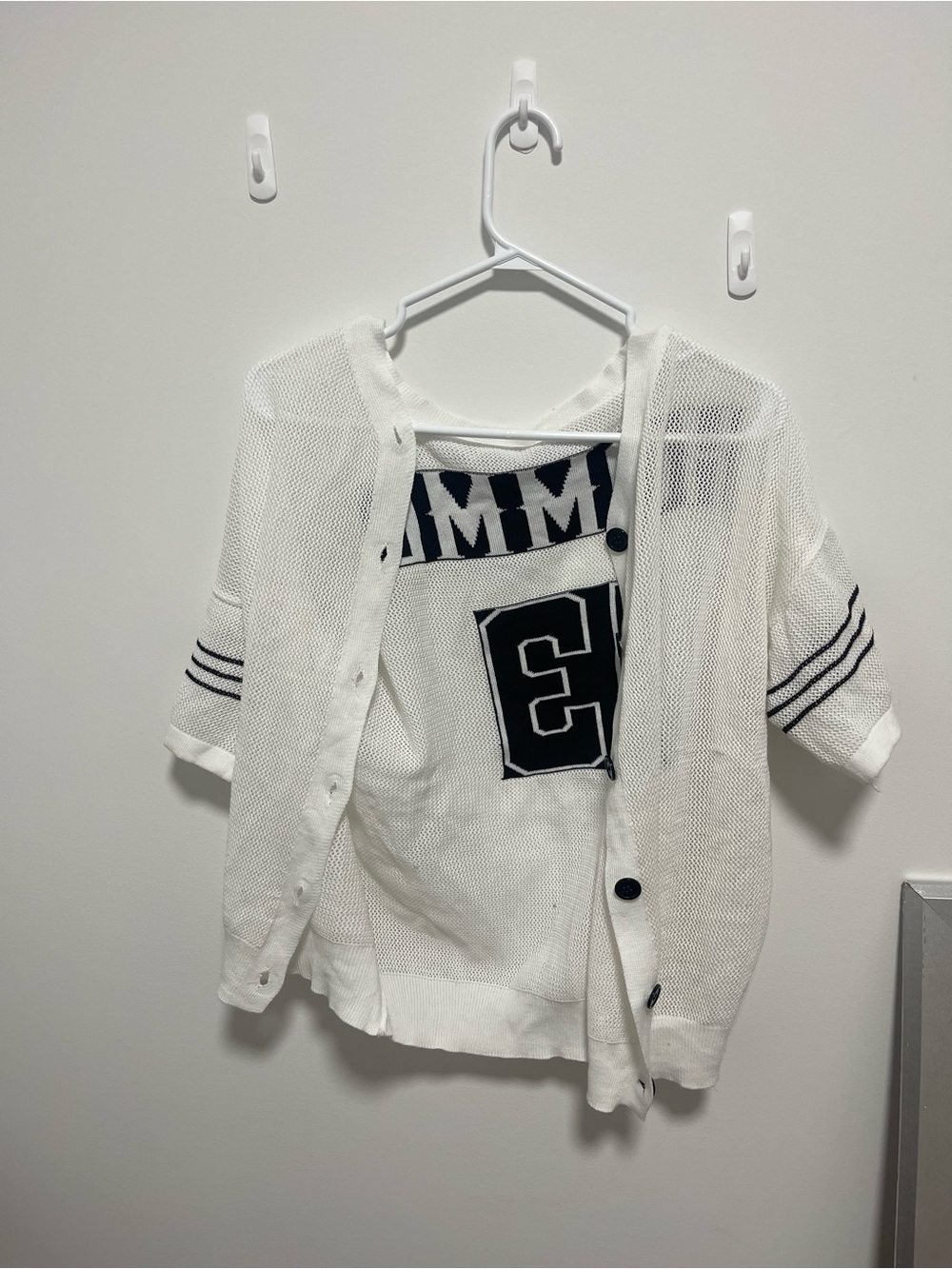 Les Hommes White Mesh Kids Baseball Cardigan with Navy Accents